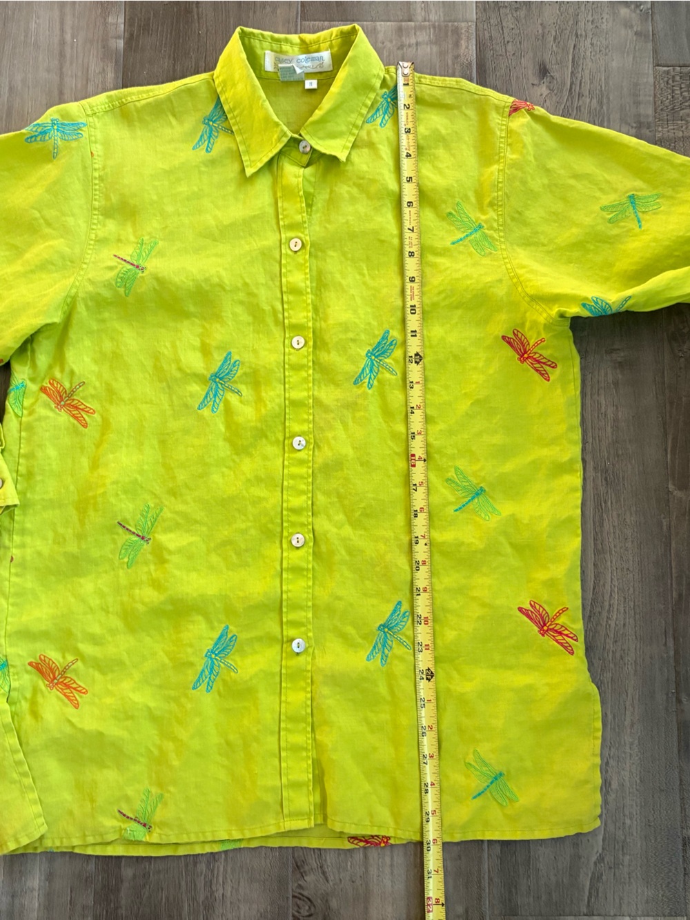 Vintage Casey Coleman Lime Green Dragonfly Linen Blouse Size M - Picture 4 of 7